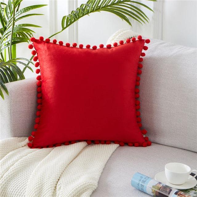 Plush Velvet Pillow Cover with Pom Pom Accents