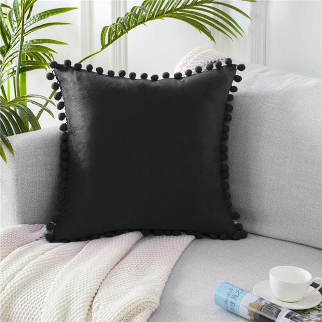 Velvet Cushion Cover with Playful Pom Pom Accents
