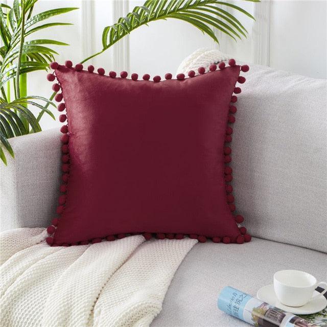 Plush Velvet Pillow Cover with Pom Pom Accents