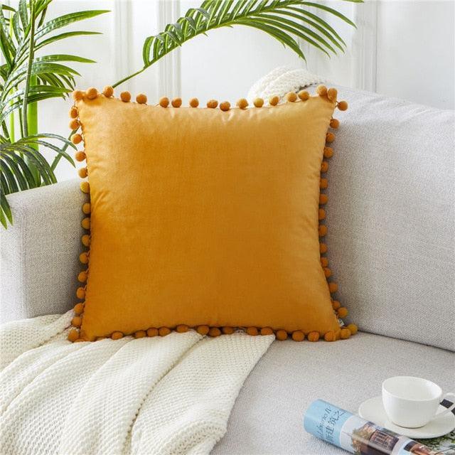 Soft Velvet Throw Pillow Cover with Pom Pom Accent