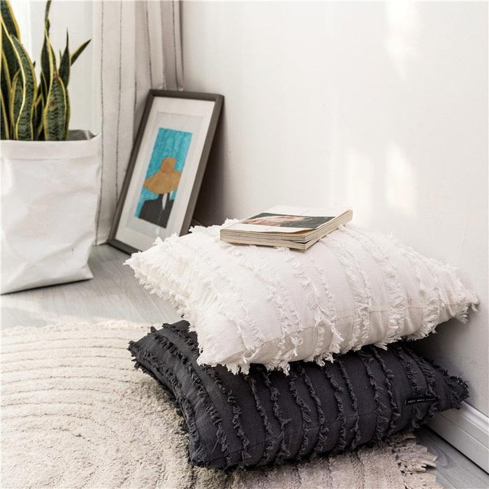 Tassel Embroidered Cotton Pillow Cover with Square Design 45x45cm