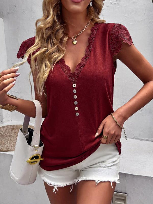 Chic Solid Color V-neck Top with Ruffle Cap Sleeves for Women