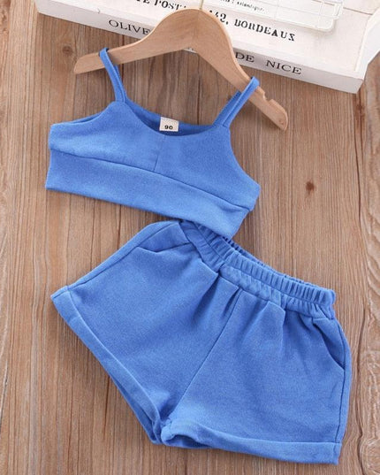 Chic Blue Ribbon Top and Suspender Shorts Set for Fashionable Young Girls