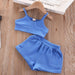 Blue Ribbon Short Sleeve Top and Suspender Shorts Set for Stylish Girls
