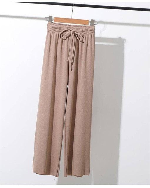 Summer Women's Wide Leg Knit Trousers in Cotton and Polyester