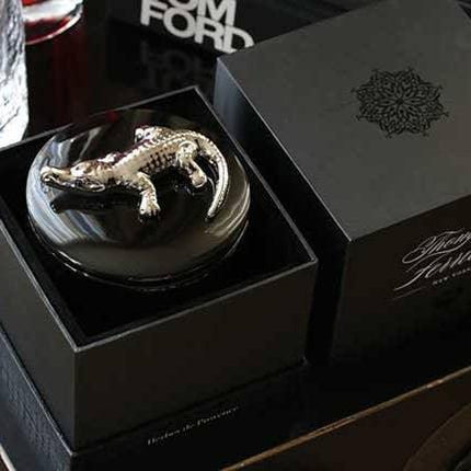 Opulent Silver Crocodile Wood Charnel Candle - Elegant Aroma with Gold Crocodile Detail by Thompson Ferrier