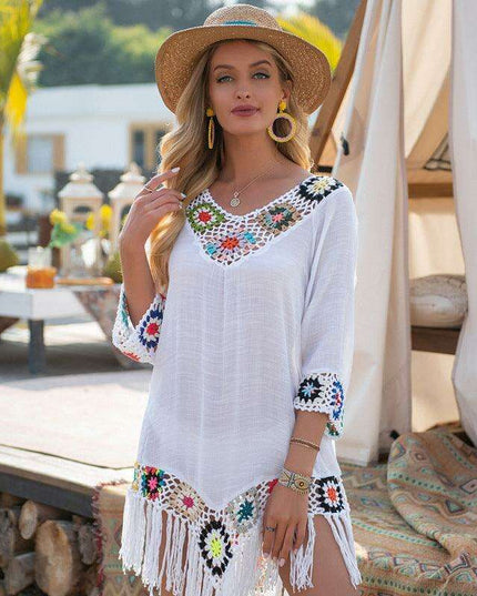 Tropical Chic: Embroidered Ombre Tassel Beach Cover-Up