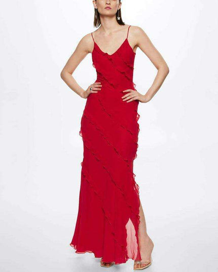 Romantic Ruffle Straps: Backless Maxi Dress with Elegant Side Slit